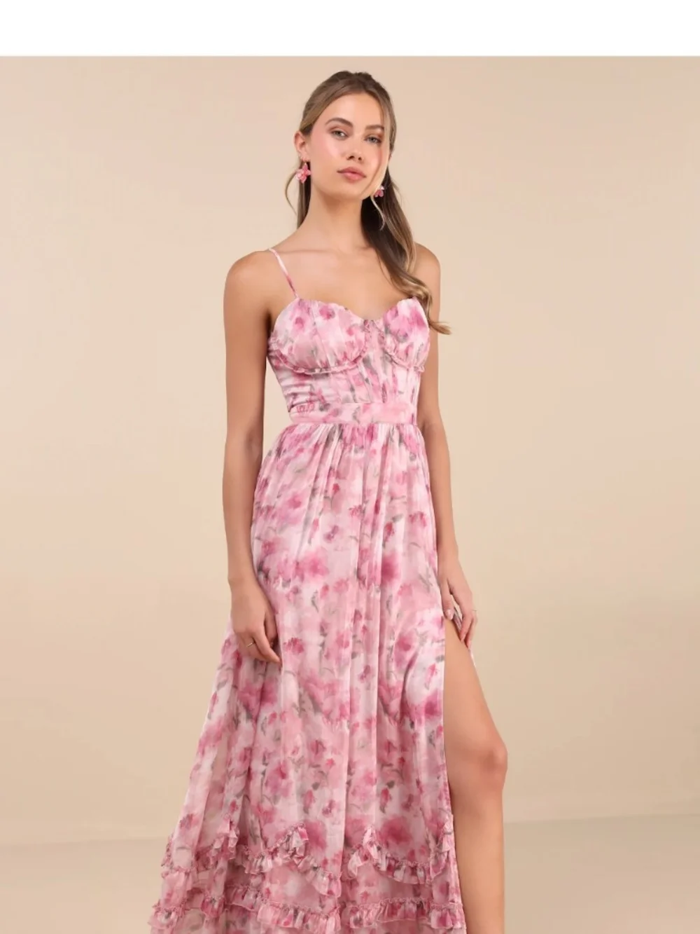 Novella Pink Floral Ruffled Bustier Lace-Up Maxi Dress -
Lulu's - Picture 11 of 14